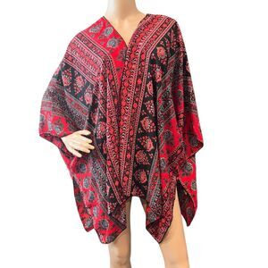 MAUDE Women's Open Lightweight Poncho Shawl Wrap Bohemian Red Black OS